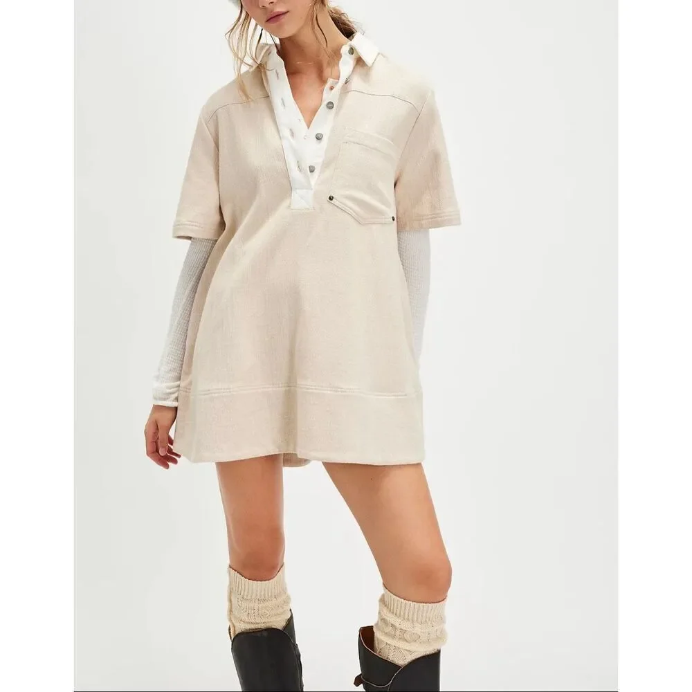 NWOT Free People Remino Classic Polo Collar Mini Beige Shirt Dress Women's Small